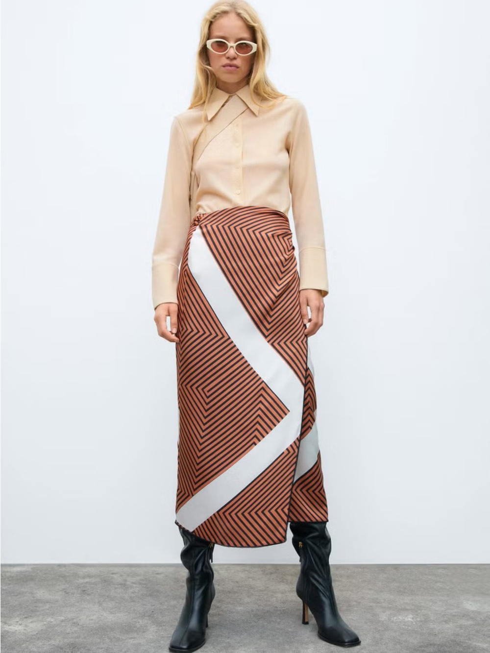 Striped Geometric Wrap Midi Skirt in Brown and White